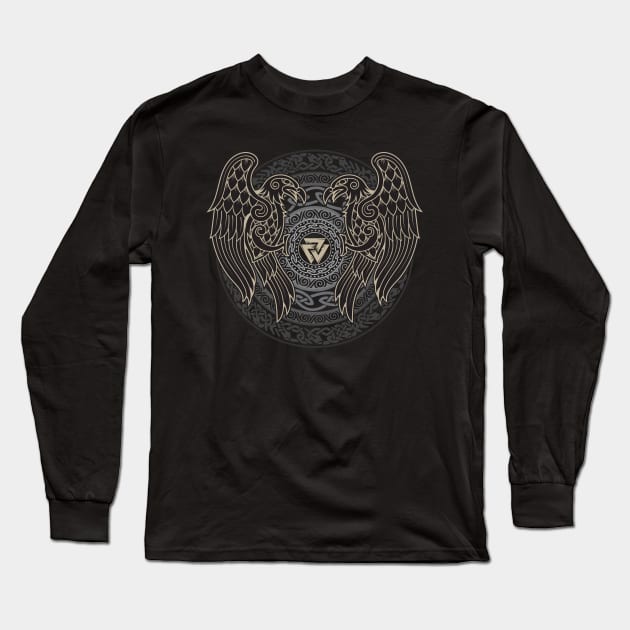 Ravens of Odin Norse Pagan Viking Raven Huginn and Muninn Valknut Long Sleeve T-Shirt by Blue Pagan